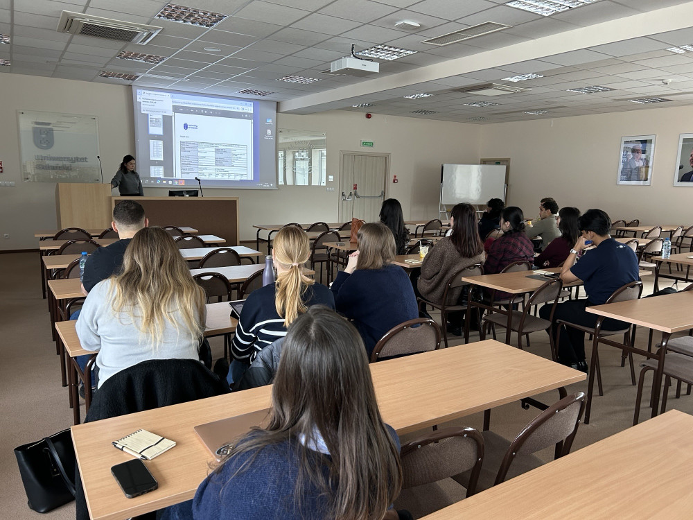 Meeting participants sit in a lecture hall and listen to a presentation displayed on a screen from a lectern.